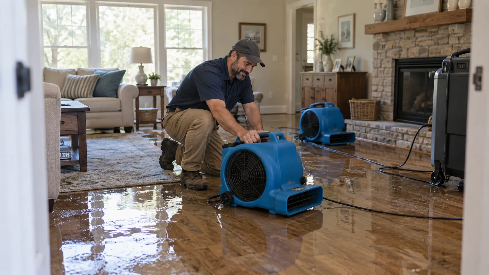 Water damage restoration technician drying a flooded living room in Richmond